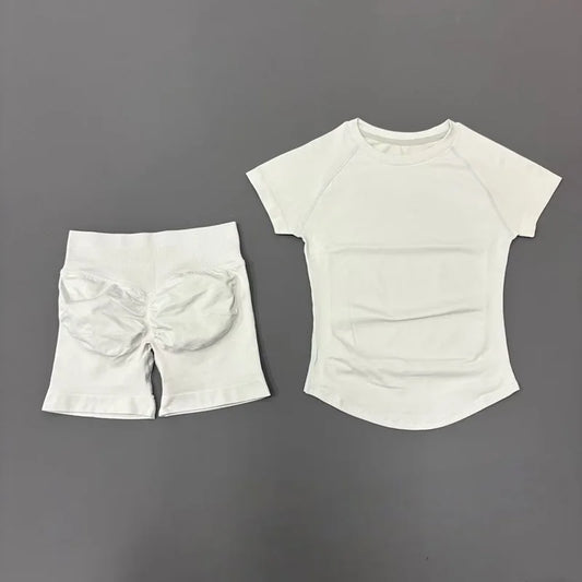 2 Pieces HISTELLO Sports Sets Short Sleeve Seamless Yoga Top Fitness Set Women Workout Running Sports Shorts Gym Suit