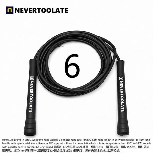 JR100-6 6 mm diameter PVC WITH THREAD CORE skip rope 3.2 meters in between 15.5cm middle-long handle NEVERTOOLATE GOOD QUALITY