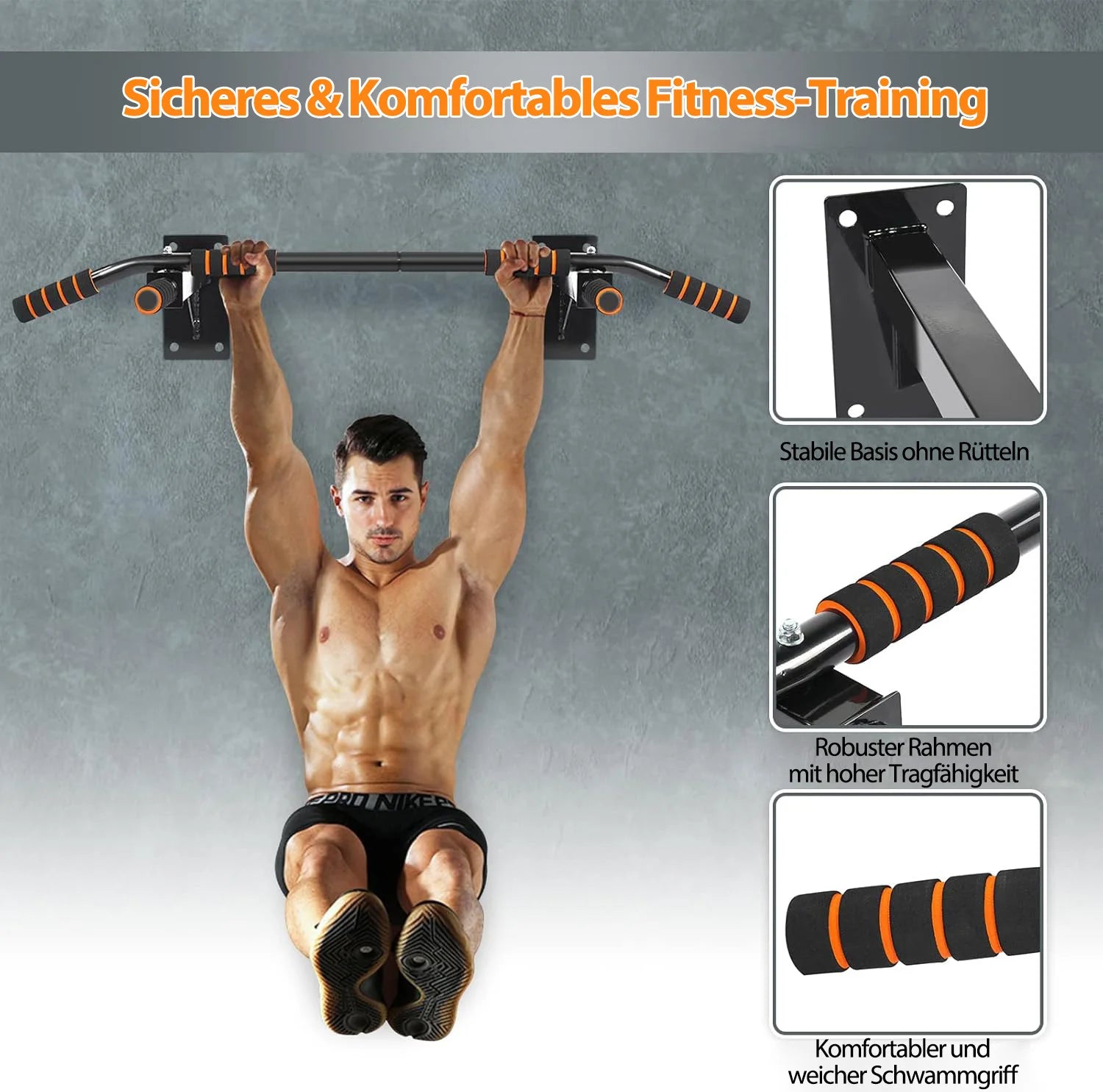 4-in-1 pull-up bar for wall mounting, non-slip handles,rings and punching bags with different grip positions, safe and stabl