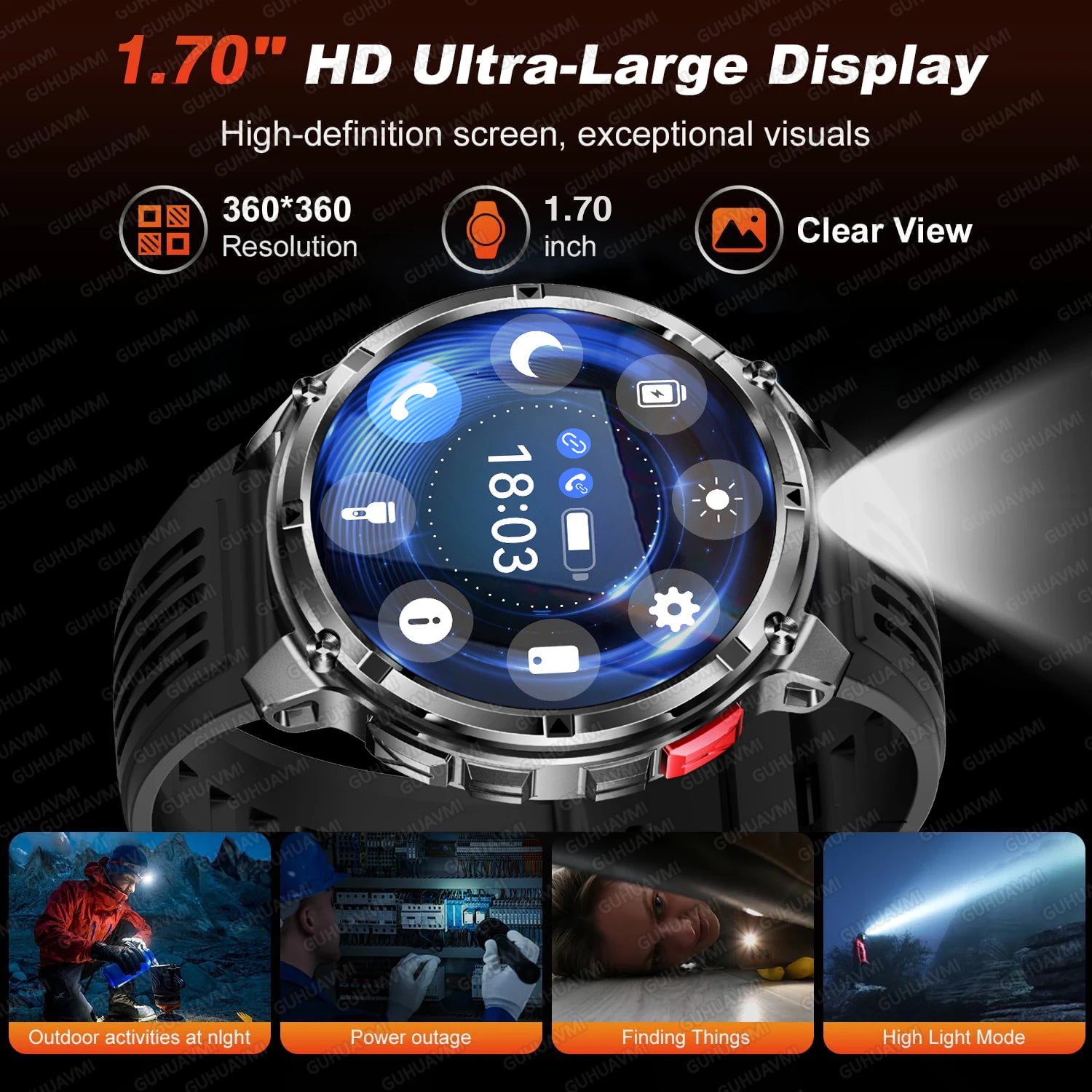 2026 Military Smart Watch Men 1100mAh Big Battery 1.7'' AMOLED Display Bluetooth Call AI Voice Assistant Heart Rate Sleep & SpO2 Monitor Bracelet IP68 Waterproof Compass Flashlight Sports Fitness Tracker Smartwatch