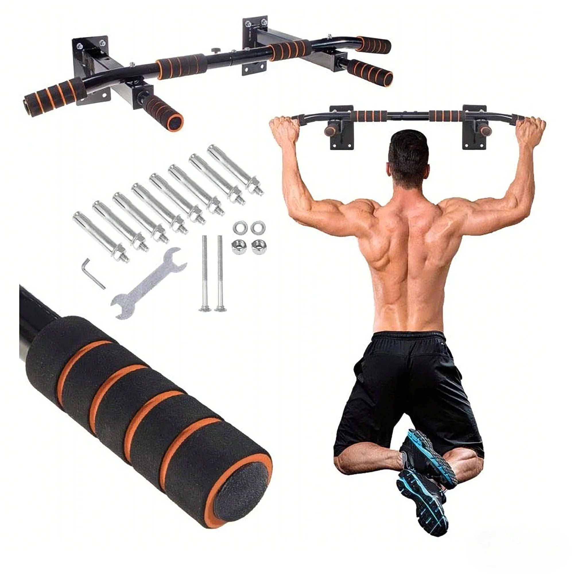 4-in-1 pull-up bar for wall mounting, non-slip handles,rings and punching bags with different grip positions, safe and stabl
