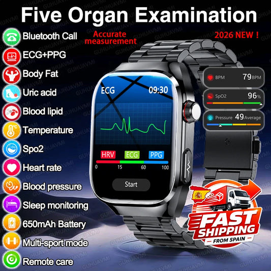 New ECG Smart Watch Men Women, Health Diagnosis, Organ Monitoring, Body Analysis, Blood Pressure, Blood Oxygen, Blood Fat, Uric Acid, Temperature Monitor, Bluetooth Call, Waterproof Fitness Tracker, Sports Smartwatch