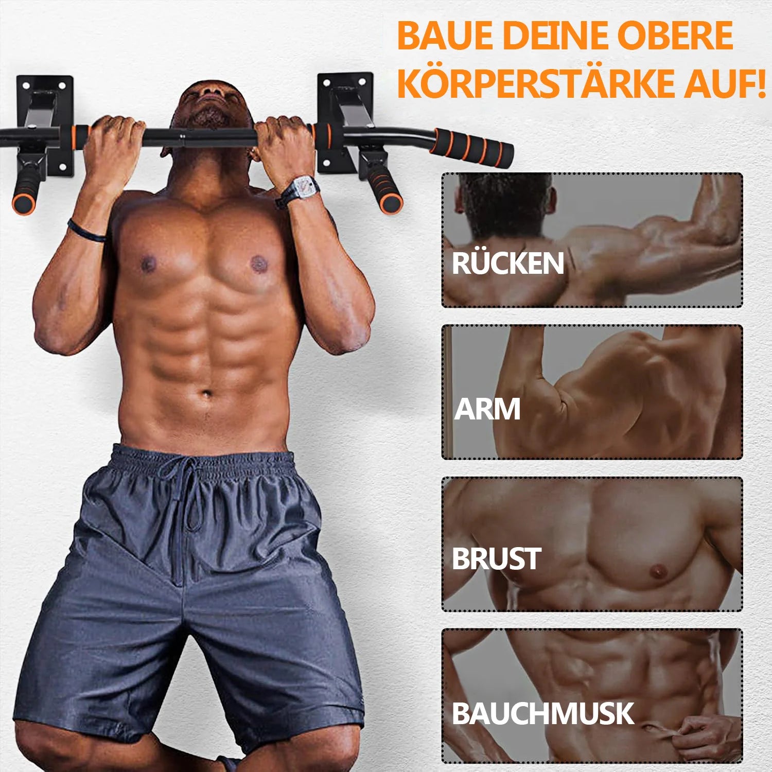 4-in-1 pull-up bar for wall mounting, non-slip handles,rings and punching bags with different grip positions, safe and stabl