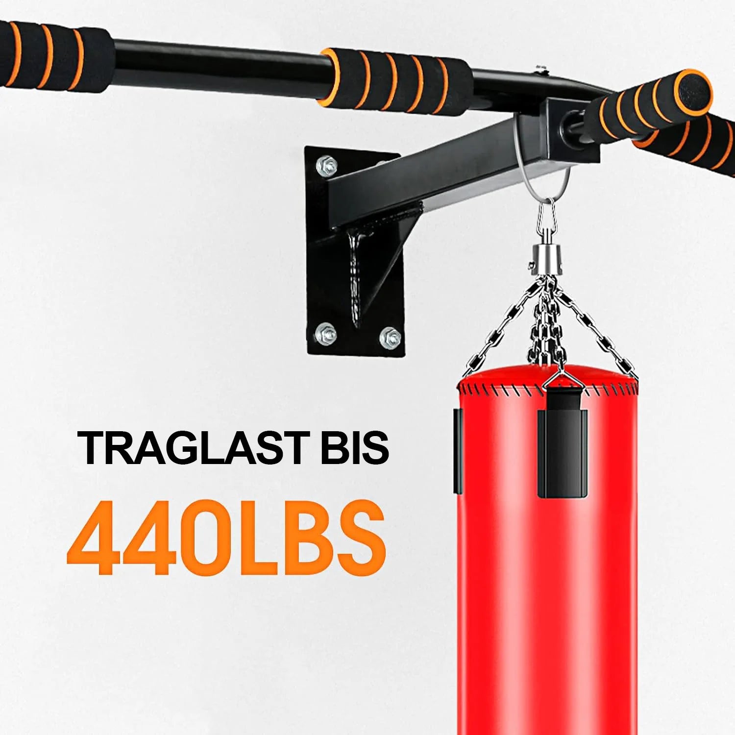 4-in-1 pull-up bar for wall mounting, non-slip handles,rings and punching bags with different grip positions, safe and stabl