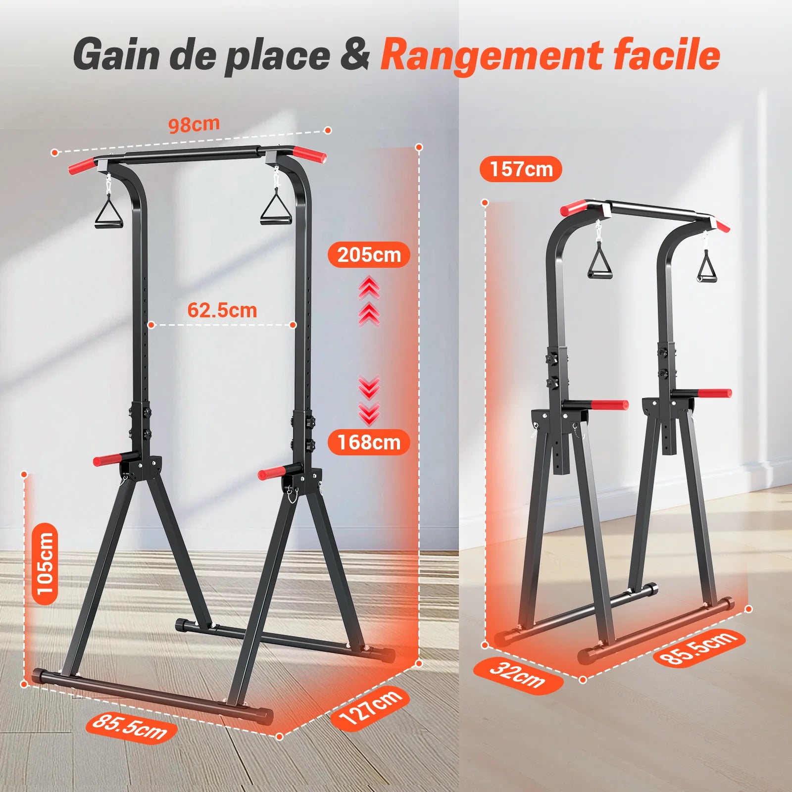 Foldable pull-up bar, height adjustable 168-cm, capacity 200 kg, 9 levels, a device for the whole body
