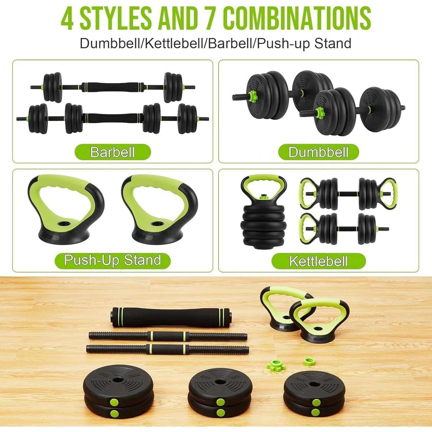 Adjustable dumbbell and kettlebell series, 4-in-1, 44 lbs. Weight, as kettlebells, bar set, push up stand for home gym, green and black round head