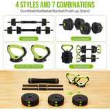 Adjustable dumbbell and kettlebell series, 4-in-1, 44 lbs. Weight, as kettlebells, bar set, push up stand for home gym, green and black round head