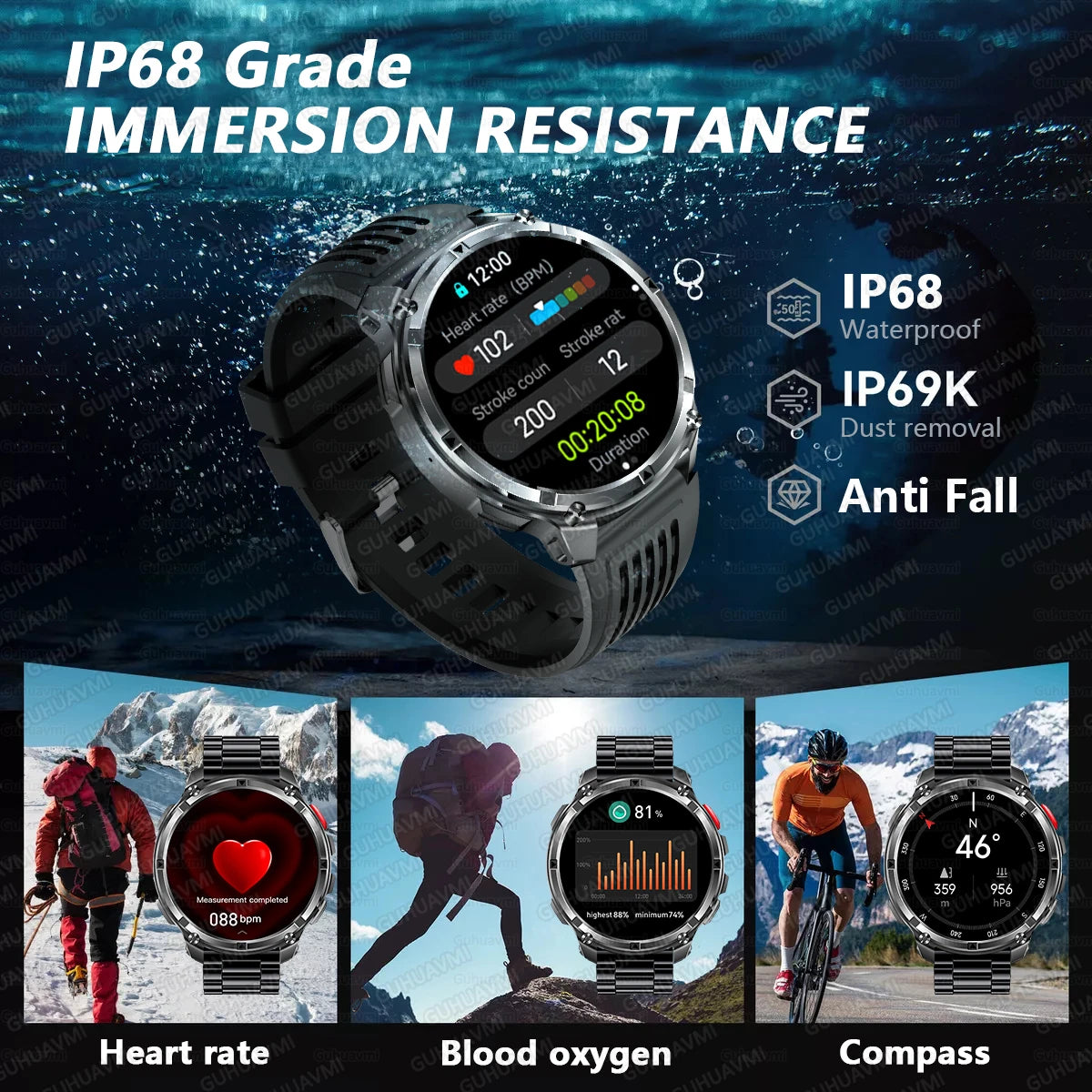2026 Military Smart Watch Men 1100mAh Big Battery 1.7'' AMOLED Display Bluetooth Call AI Voice Assistant Heart Rate Sleep & SpO2 Monitor Bracelet IP68 Waterproof Compass Flashlight Sports Fitness Tracker Smartwatch