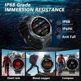 2026 Military Smart Watch Men 1100mAh Big Battery 1.7'' AMOLED Display Bluetooth Call AI Voice Assistant Heart Rate Sleep & SpO2 Monitor Bracelet IP68 Waterproof Compass Flashlight Sports Fitness Tracker Smartwatch
