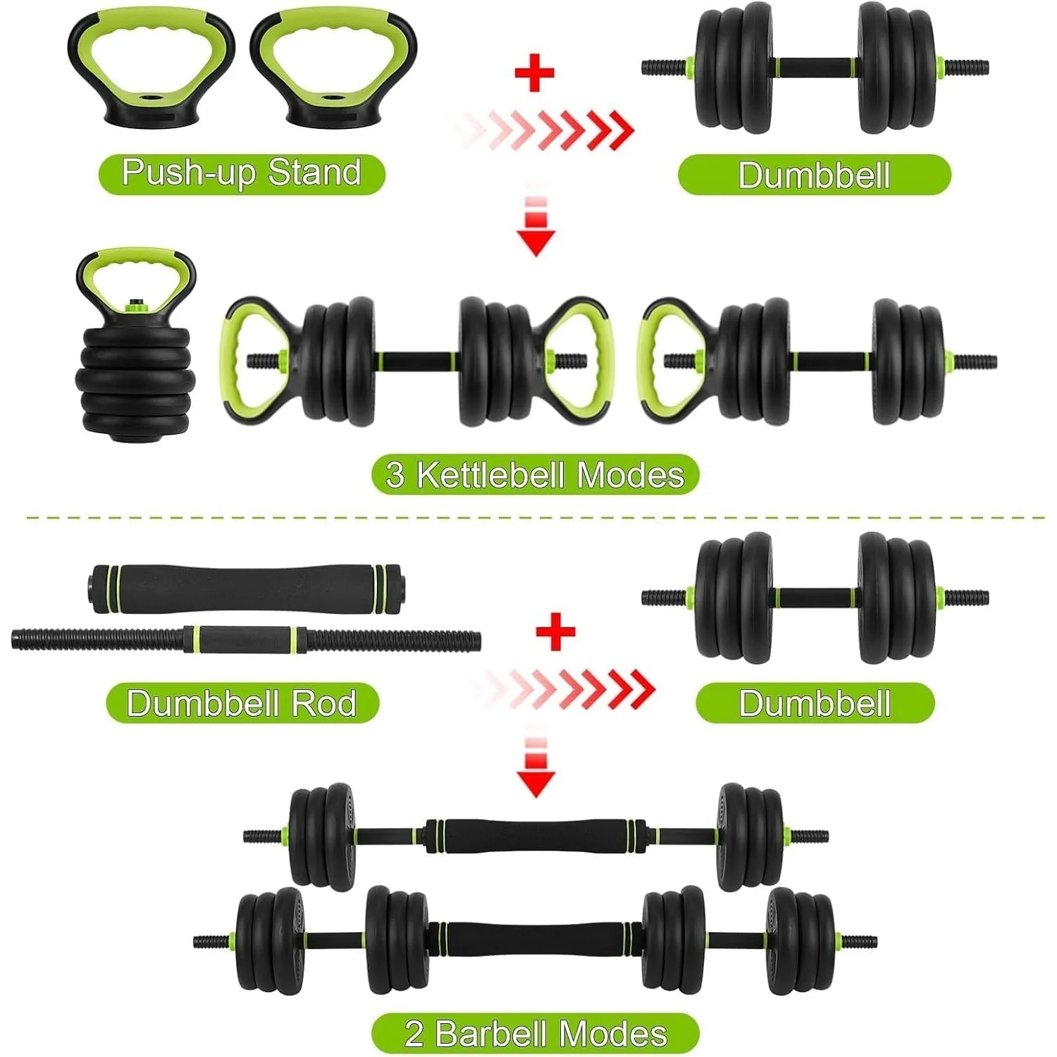Adjustable dumbbell and kettlebell series, 4-in-1, 44 lbs. Weight, as kettlebells, bar set, push up stand for home gym, green and black round head