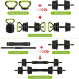 Adjustable dumbbell and kettlebell series, 4-in-1, 44 lbs. Weight, as kettlebells, bar set, push up stand for home gym, green and black round head