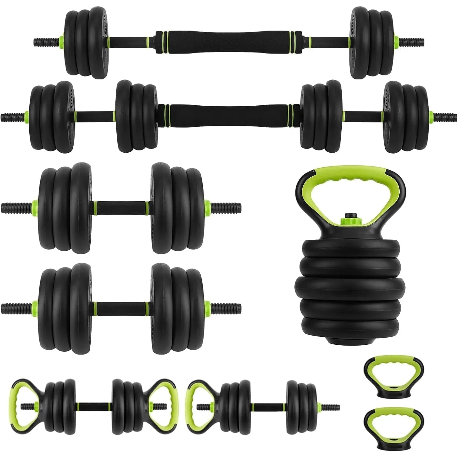 Adjustable dumbbell and kettlebell series, 4-in-1, 44 lbs. Weight, as kettlebells, bar set, push up stand for home gym, green and black round head