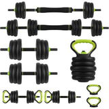 Adjustable dumbbell and kettlebell series, 4-in-1, 44 lbs. Weight, as kettlebells, bar set, push up stand for home gym, green and black round head
