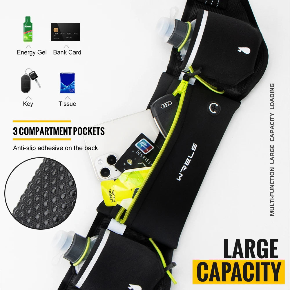 WRELS Upgraded Running Belt Bag With Water Bottles Hydration Belt Running Pouch Bag  Fanny Pack Phones Waist pack for Sports