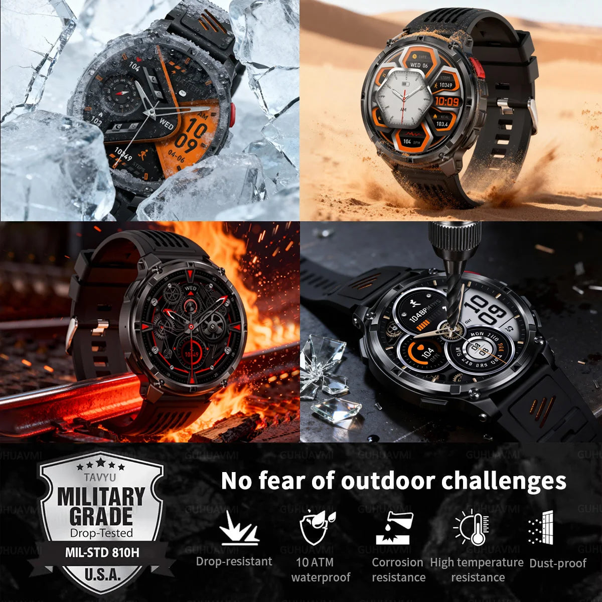 2026 Military Smart Watch Men 1100mAh Big Battery 1.7'' AMOLED Display Bluetooth Call AI Voice Assistant Heart Rate Sleep & SpO2 Monitor Bracelet IP68 Waterproof Compass Flashlight Sports Fitness Tracker Smartwatch