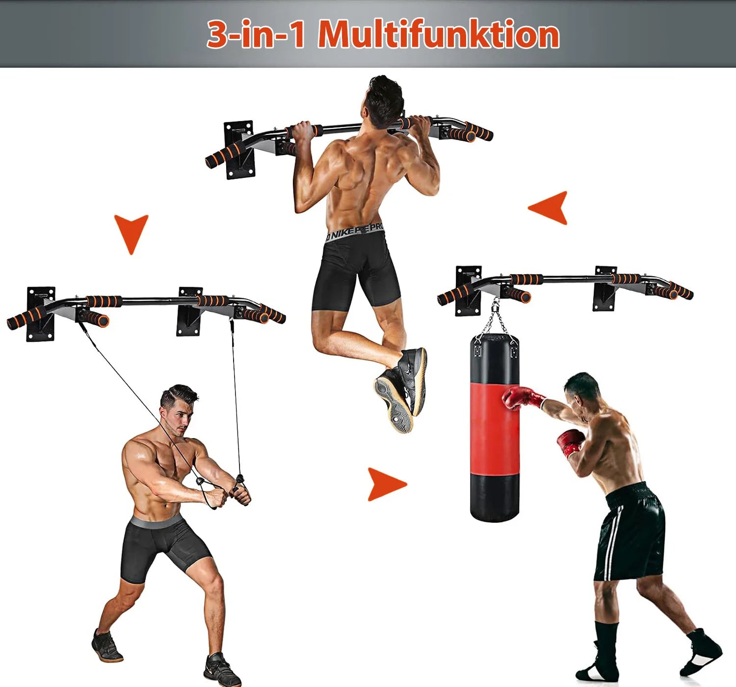 4-in-1 pull-up bar for wall mounting, non-slip handles,rings and punching bags with different grip positions, safe and stabl