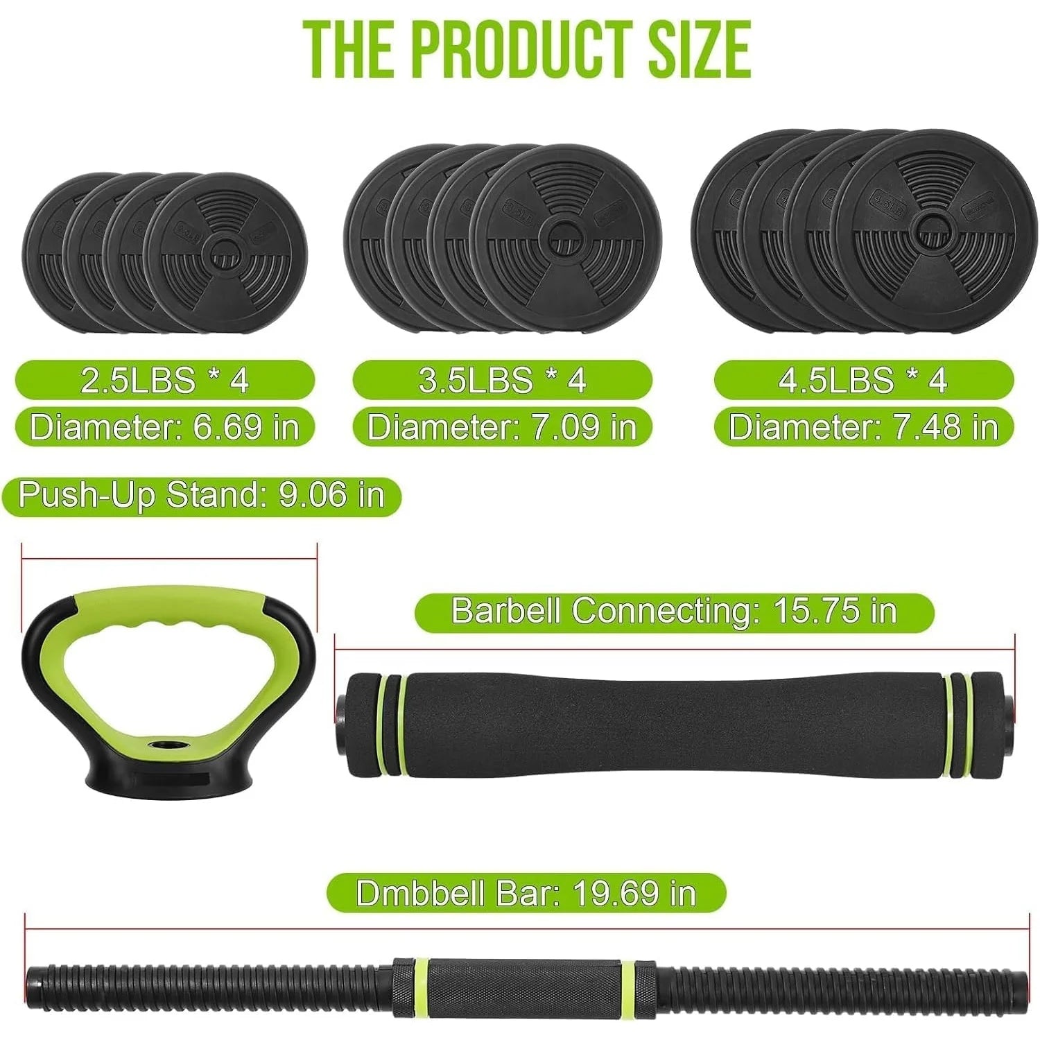 Adjustable dumbbell and kettlebell series, 4-in-1, 44 lbs. Weight, as kettlebells, bar set, push up stand for home gym, green and black round head