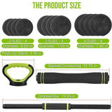 Adjustable dumbbell and kettlebell series, 4-in-1, 44 lbs. Weight, as kettlebells, bar set, push up stand for home gym, green and black round head