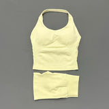 2 Pic Histello Sports Set Women Neck Halter Shockproof Longline Strappy Top Workout Scrunch Shorts Sets Fitness Clothes Gym Suit