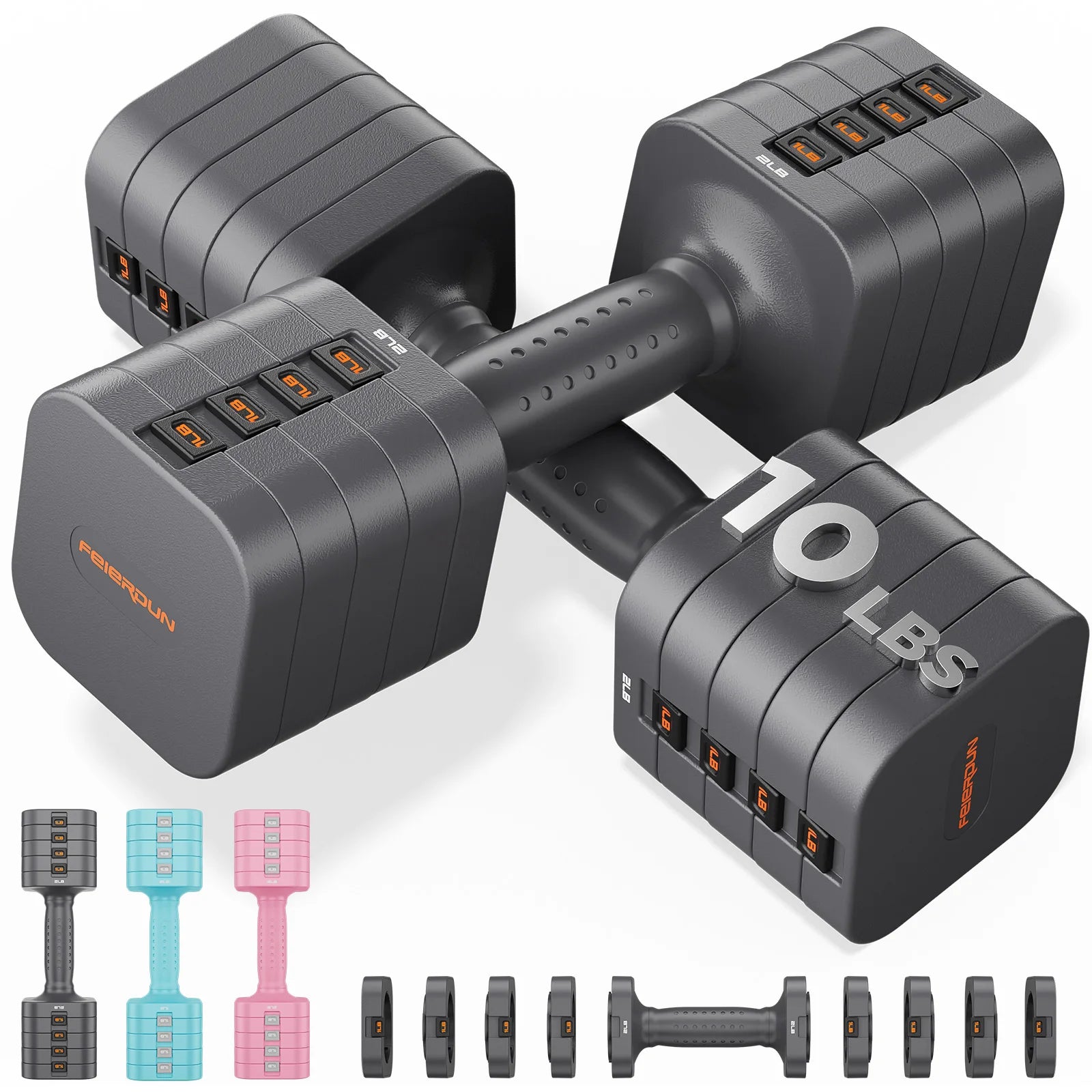 FEIERDUN Adjustable Dumbbell 2/4/6/8/10 lbs, 5-in-1 Set, Quick Adjust, Double Lock, for Home Gym