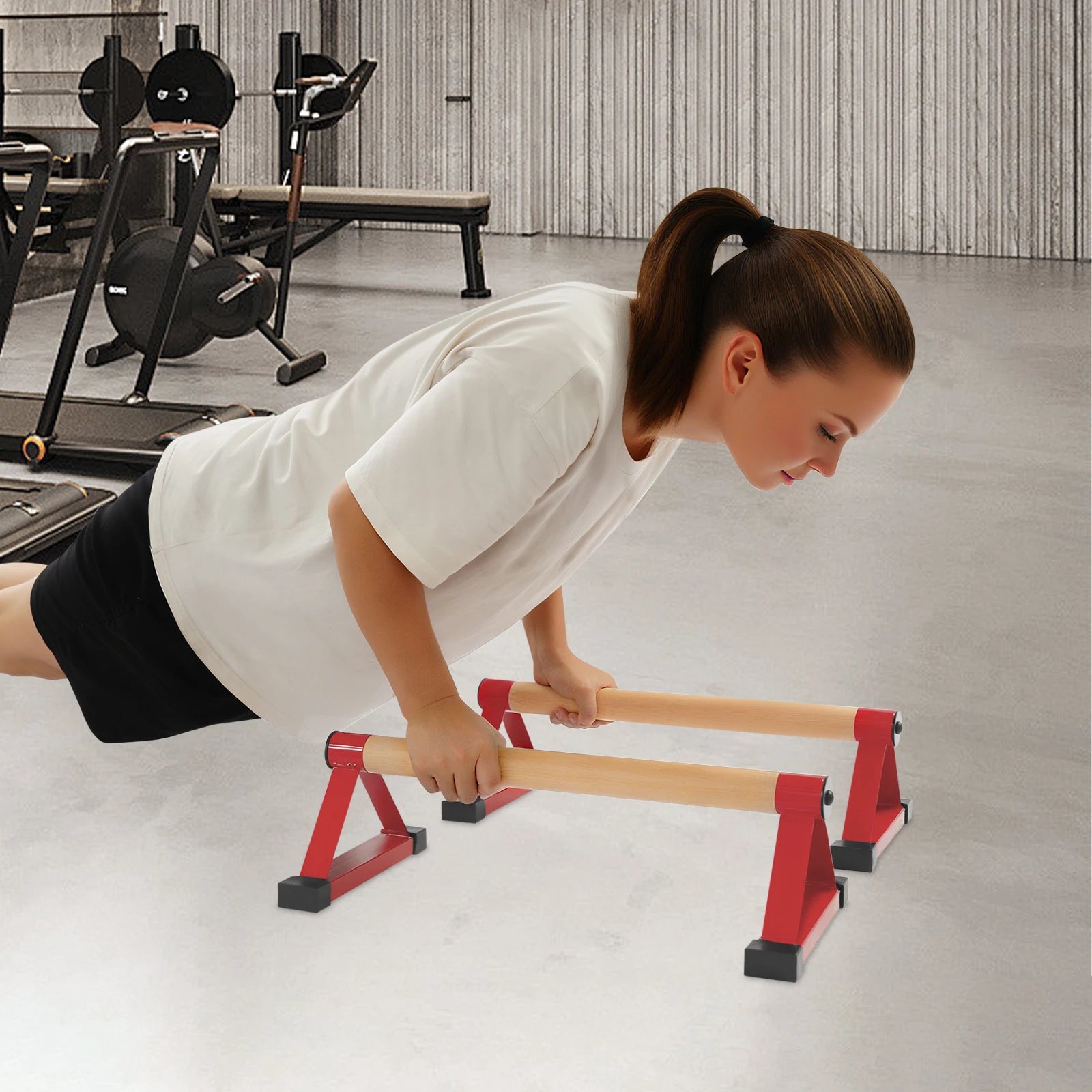 50cm Red Triangle Push Up Bars, Beech Wood+Steel Handstand Bars 400kg Load Capacity Calisthenics Pushup Stands Freestanding