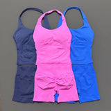 2 Pic Histello Sports Set Women Neck Halter Shockproof Longline Strappy Top Workout Scrunch Shorts Sets Fitness Clothes Gym Suit