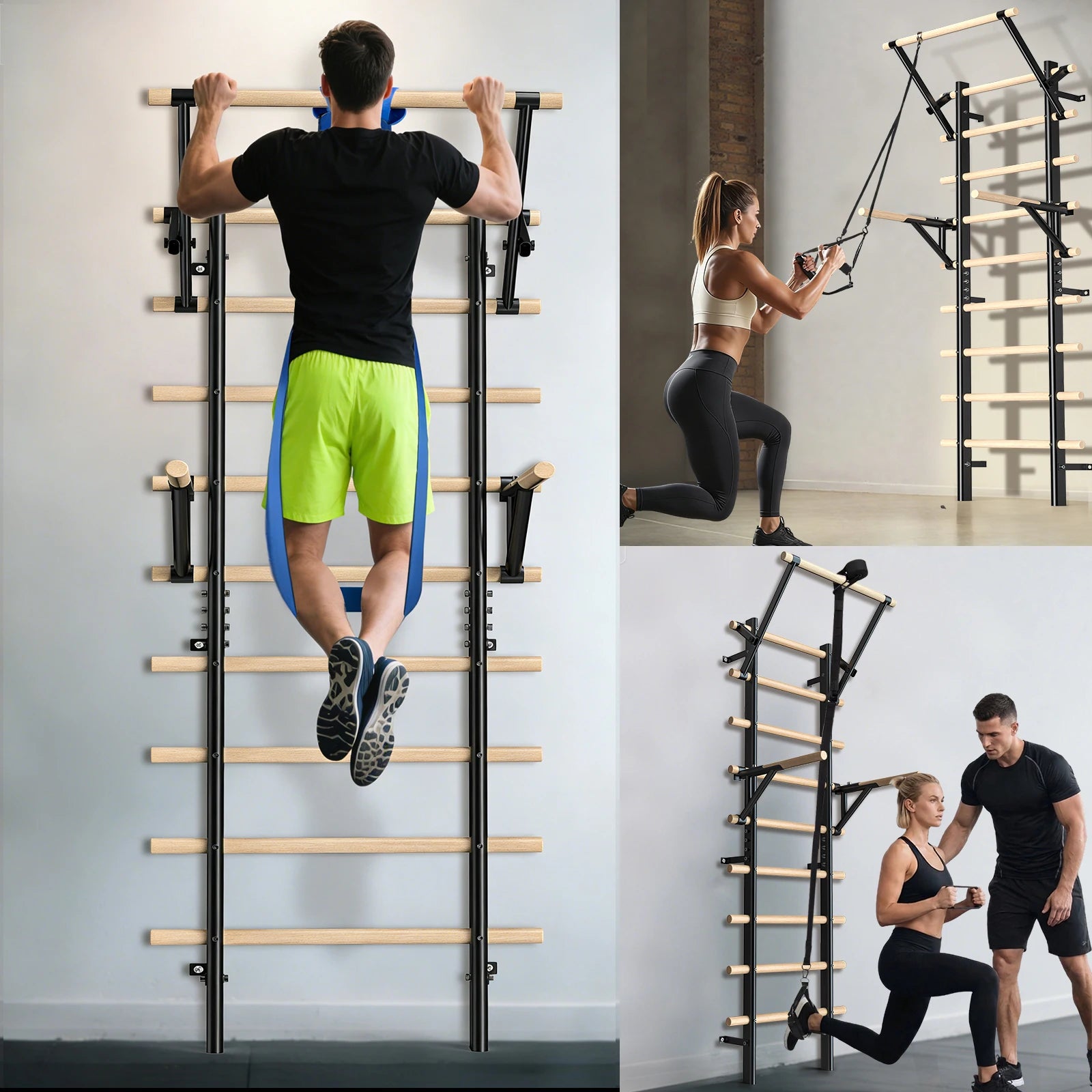 Wall-Mounted Climbing Frame with Pull-up and Dip Bars – 86.6-Inch Indoor Climbing Rack, Wall-Mountable – Adult Wooden Climbing W