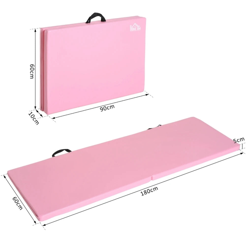 Exercise Mat Foldable Gym Mat with Handles for Yoga, Mma, Fitness, Pilates, Synthetic Cover, 180 X 60 X 5 Cm, Pink