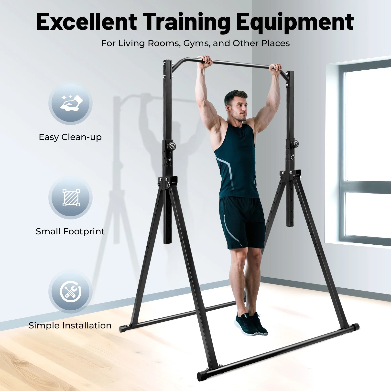 Triangular Pull up Station Black Horizontal Bar 1.75-2.3m Adjustable Height Freestanding Traction Bar for Gym School Home