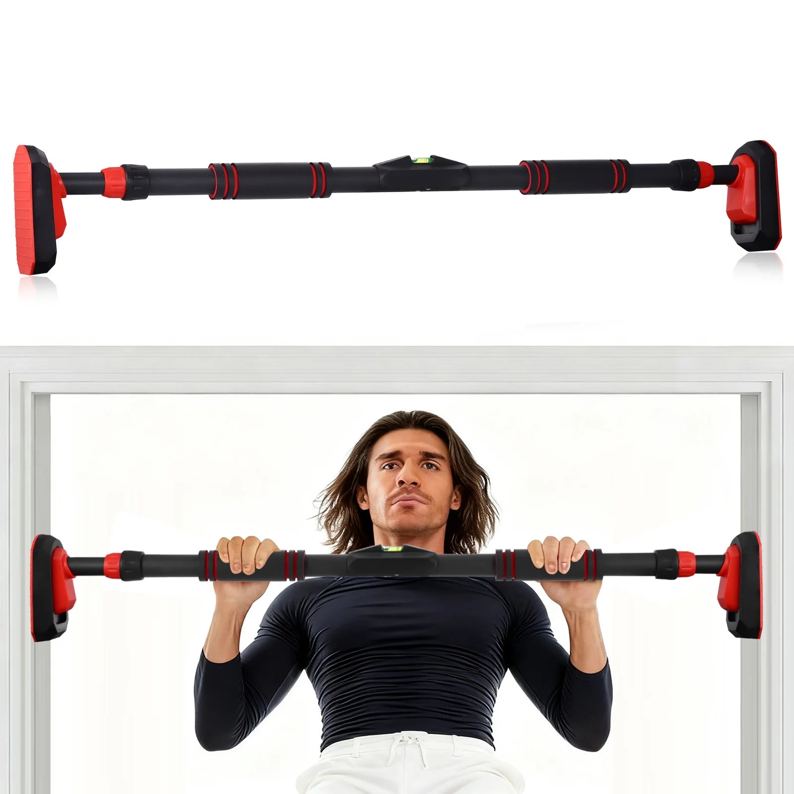 Door Horizontal Bars 90-120cm Adjustable Pull Up Bars Weight Bearing 400kg Non Perforated Indoor Wall Horizontal Bar with Locking Mechanism Upper Body Workout Bar for Home Gym Fitness
