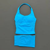 2 Pic Histello Sports Set Women Neck Halter Shockproof Longline Strappy Top Workout Scrunch Shorts Sets Fitness Clothes Gym Suit