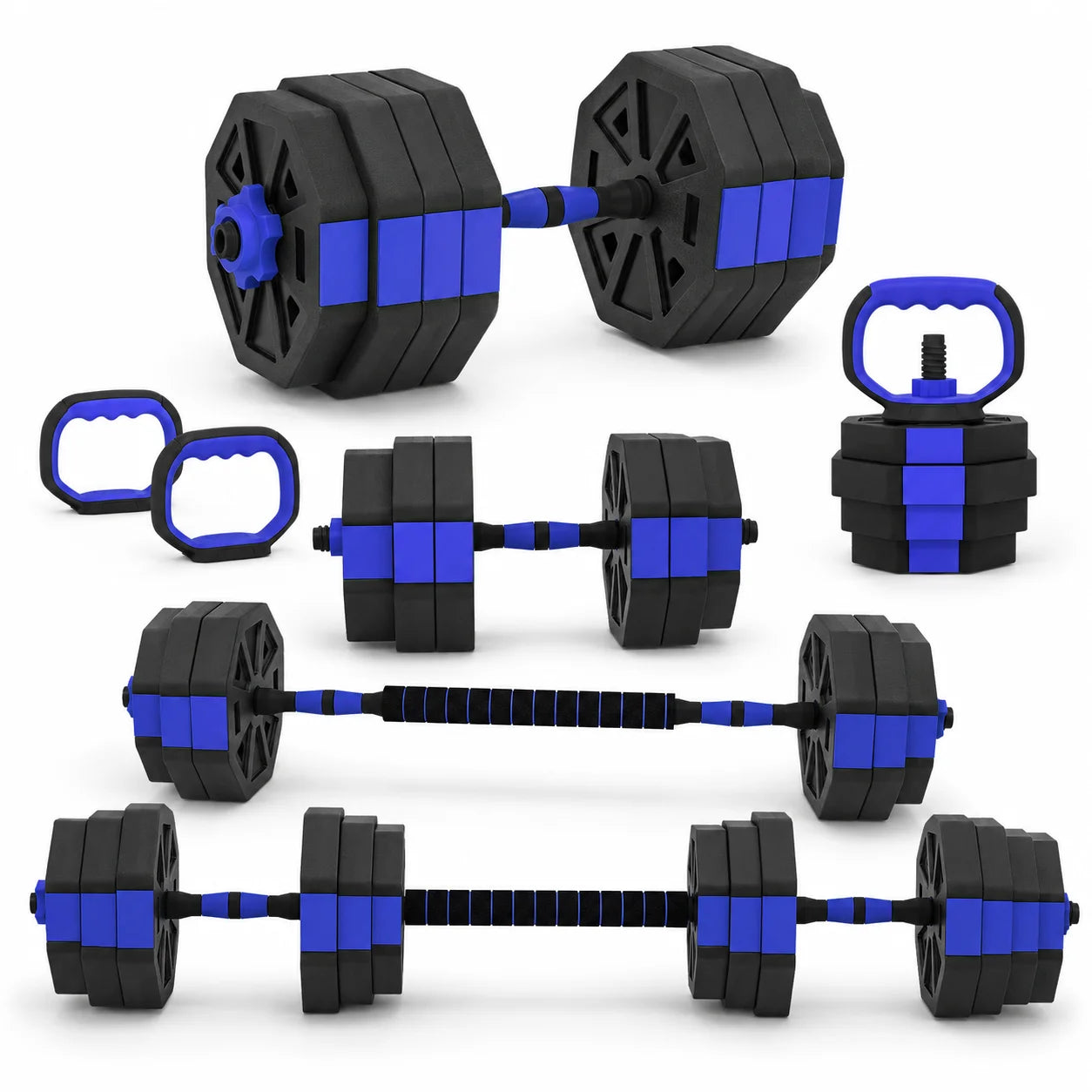 6-in-1 Adjustable Dumbbell Set, Plastic and Sand Filled Kettlebell Barbell Push Up Stand, Home Gym Fitness Equipment for Strength Training, Biceps Squats Lunges, Blue