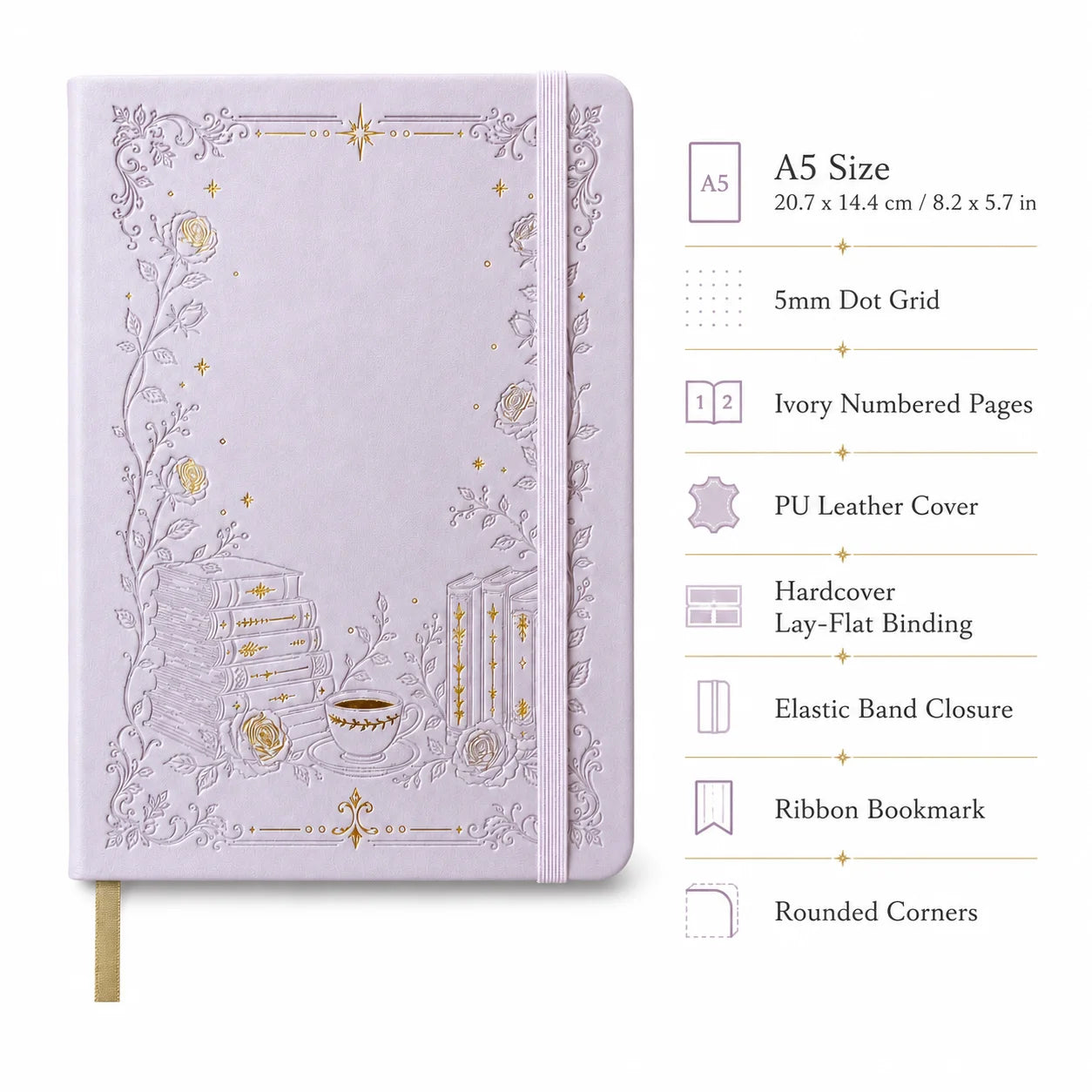 BUKE A5 Dot Grid Notebook PU Leather Cover Hardcover Floral Embossed Tea Cup Books Elegant Handwriting Journal