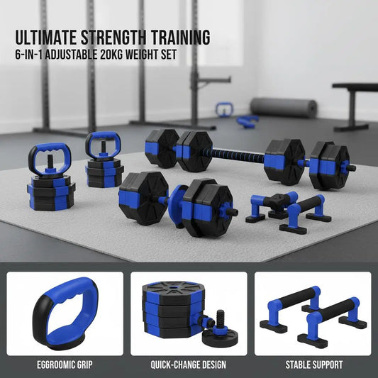 6 in 1 Adjustable Dumbbell Set 20kg to Barbell Kettlebell Push Up Support Home Gym Fitness Weight Training for Men Women