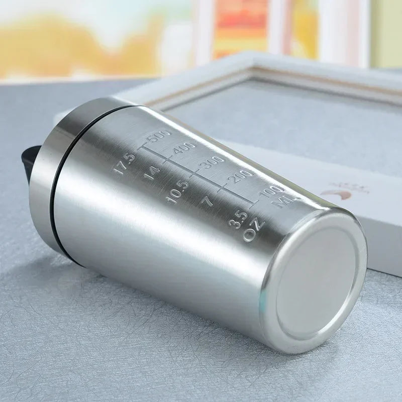 Protein Powder Shaker Bottle 500/750ml Leak Proof Water Bottle for Gym Fitness Sport Whey Shakes Cup with Scale Stainless Steel