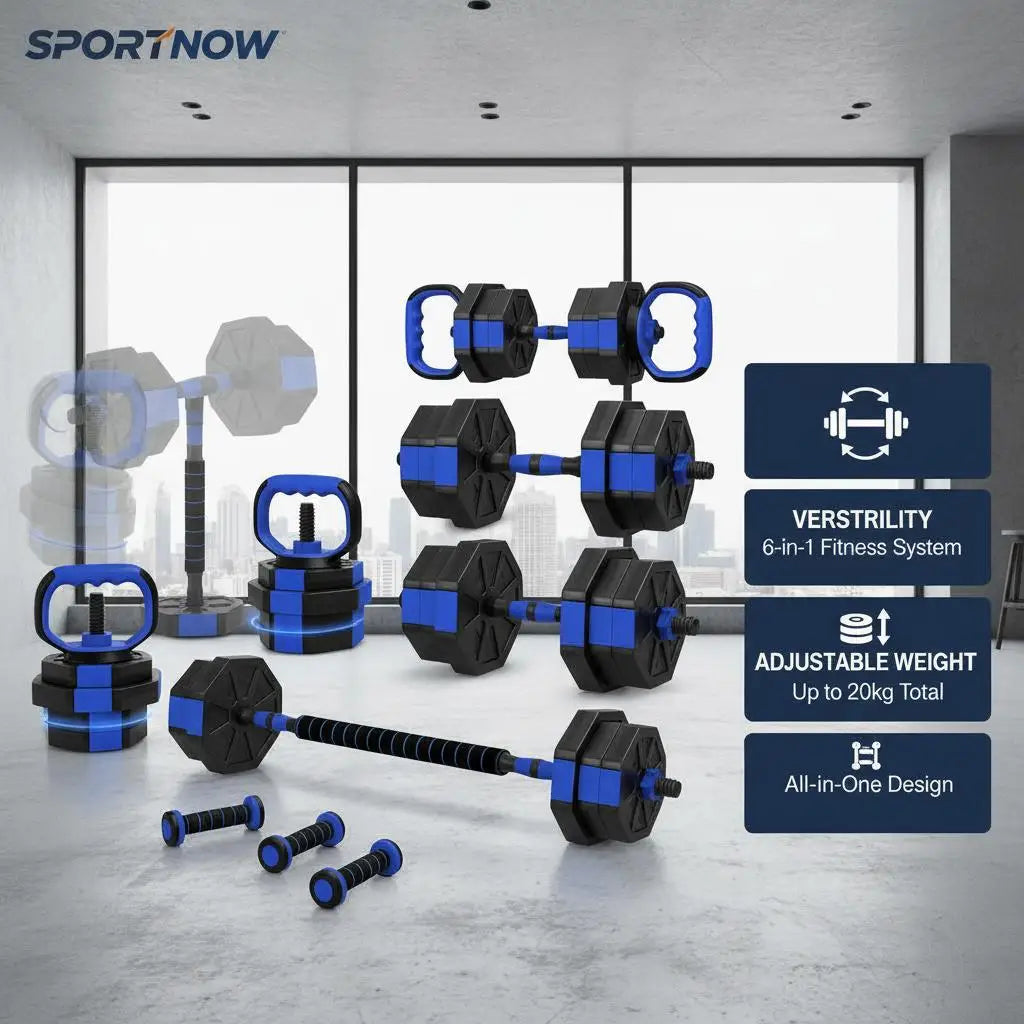 6 in 1 Adjustable Dumbbell Set 20kg to Barbell Kettlebell Push Up Support Home Gym Fitness Weight Training for Men Women