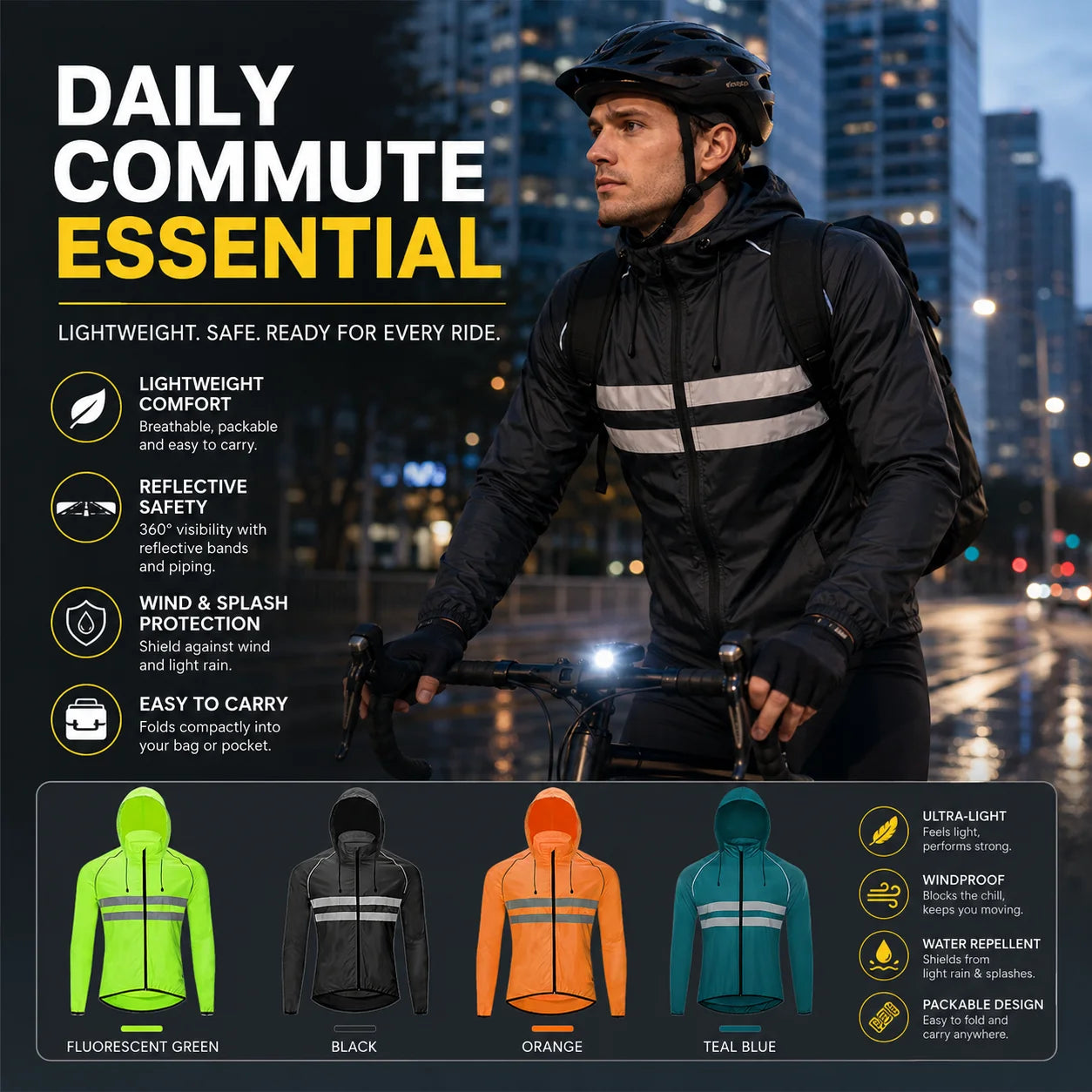 Men Cycling Jacket Reflective Hooded Windproof Water Repellent Bike Windbreaker Lightweight Packable Outdoor Coat
