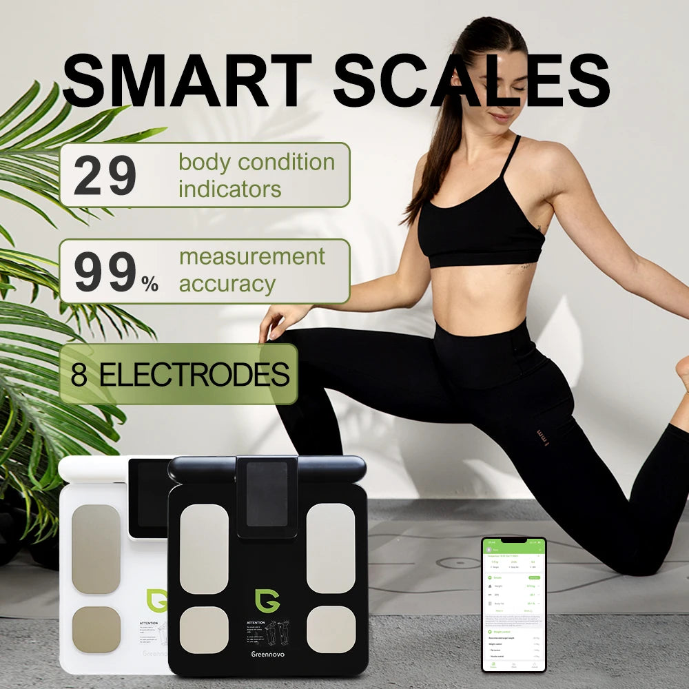 Smart 8 Electrode Body Composition Scale 29 Body Metrics App Sync BMI Body Fat Muscle Mass Analyzer Type-C Rechargeable