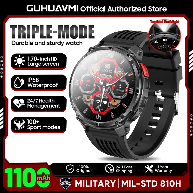 2026 Military Smart Watch Men 1100mAh Big Battery 1.7'' AMOLED Display Bluetooth Call AI Voice Assistant Heart Rate Sleep & SpO2 Monitor Bracelet IP68 Waterproof Compass Flashlight Sports Fitness Tracker Smartwatch