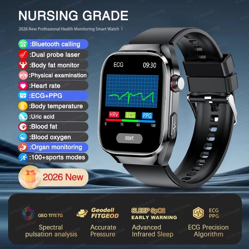 New ECG Smart Watch Men Women, Health Diagnosis, Organ Monitoring, Body Analysis, Blood Pressure, Blood Oxygen, Blood Fat, Uric Acid, Temperature Monitor, Bluetooth Call, Waterproof Fitness Tracker, Sports Smartwatch