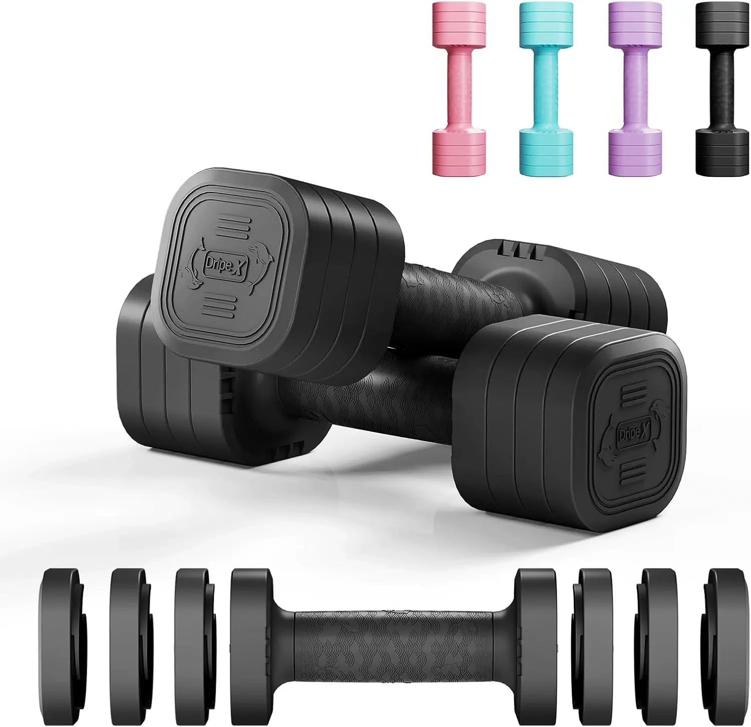 Dripex Adjustable Dumbbells Weight Set 2.5kg 5kg 10kg Dumbbell Pair 4-in-1 Weight Dumbbells Set Women Men with Non-Slip Handle