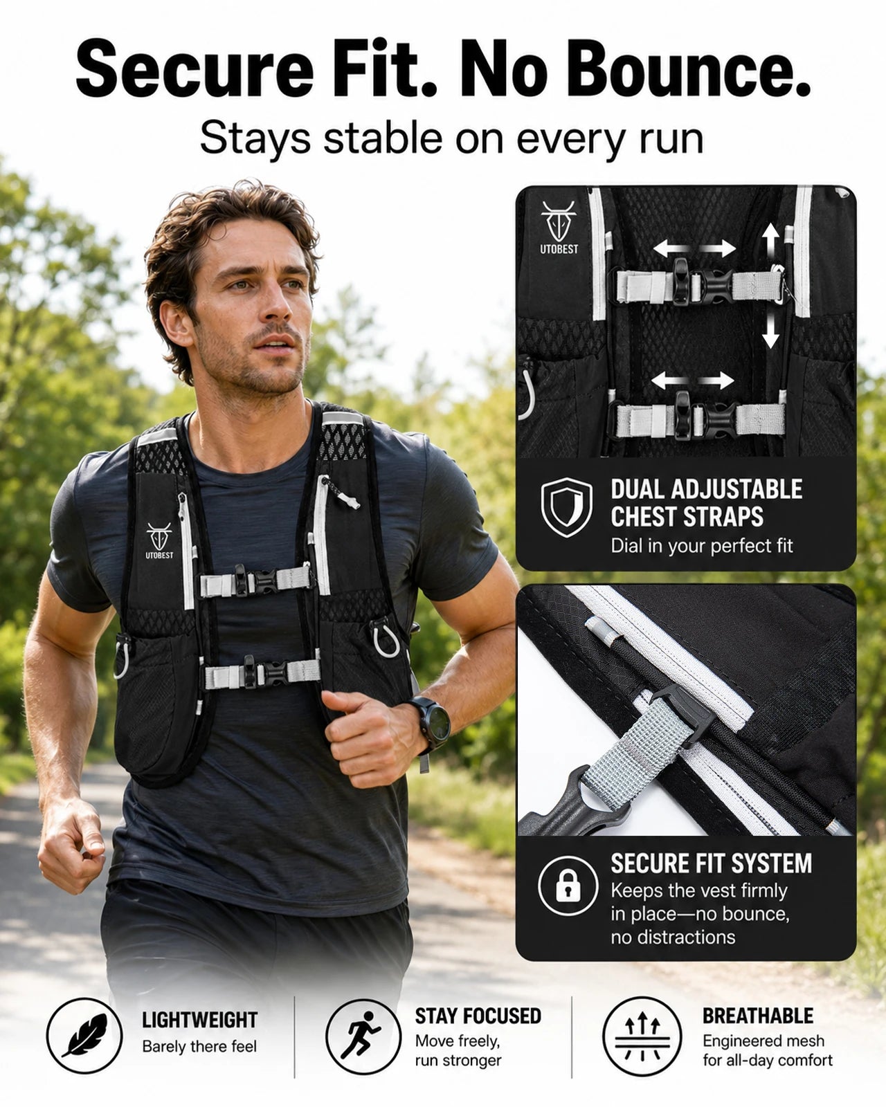 UTOBEST Trail Running Backpack 5L Ultra Lightweight Hydration Vest Breathable Functional Pack for Marathon Cycling Hiking