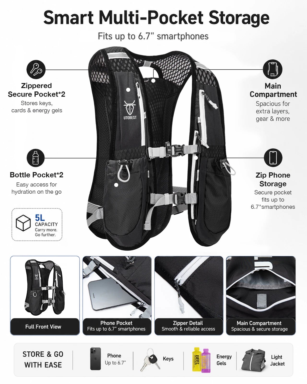 UTOBEST Trail Running Backpack 5L Ultra Lightweight Hydration Vest Breathable Functional Pack for Marathon Cycling Hiking