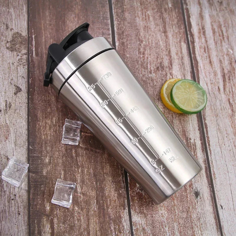 Protein Powder Shaker Bottle 500/750ml Leak Proof Water Bottle for Gym Fitness Sport Whey Shakes Cup with Scale Stainless Steel