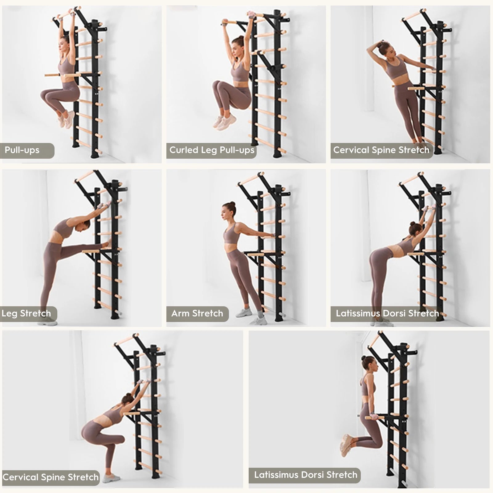 Wall-Mounted Climbing Frame with Pull-up and Dip Bars – 86.6-Inch Indoor Climbing Rack, Wall-Mountable – Adult Wooden Climbing W