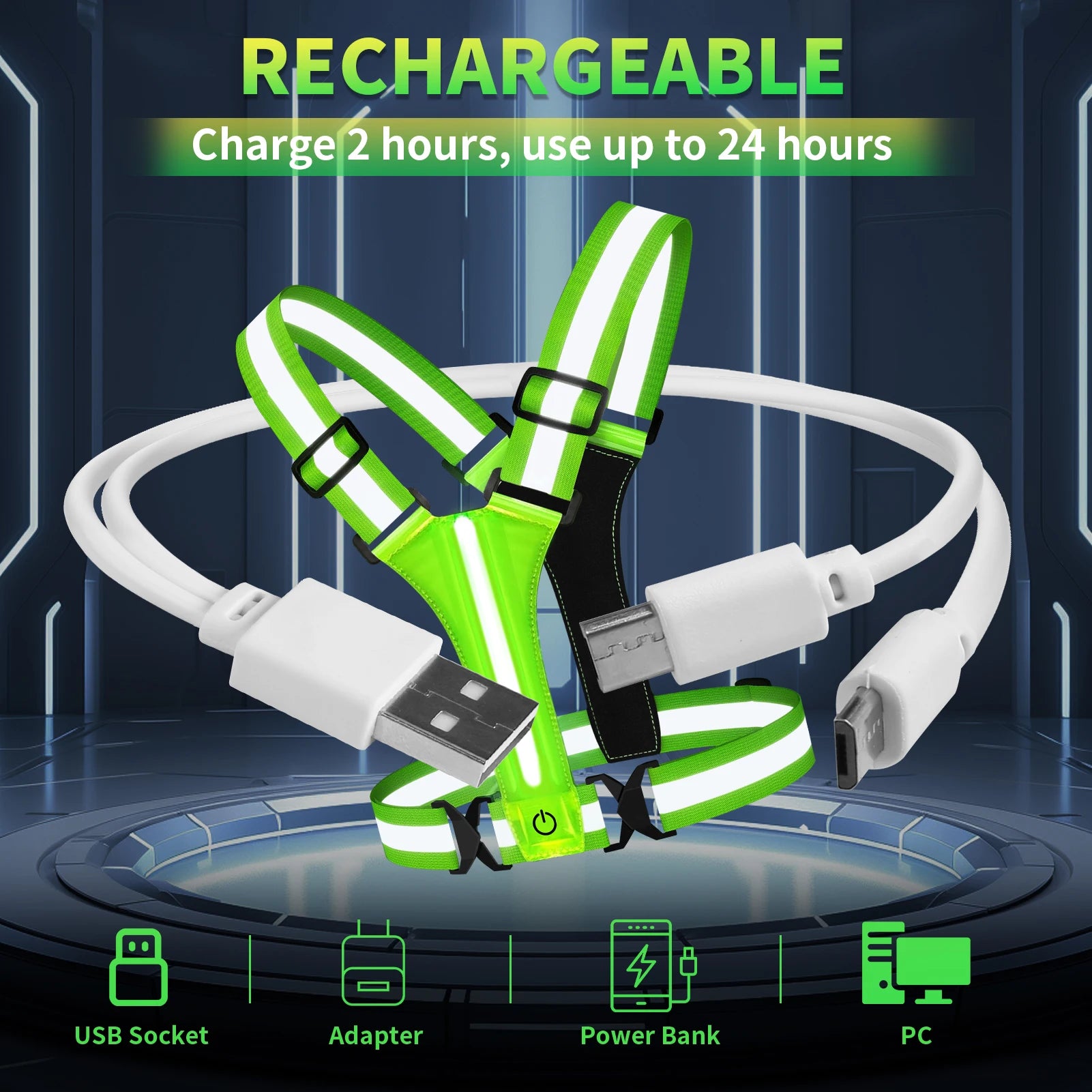 LED Night Running Vest Reflective Cycling Walking Highlight Security Vests USB Rechargeable Safety Straps for Kids Adults Biking