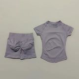 2 Pieces HISTELLO Sports Sets Short Sleeve Seamless Yoga Top Fitness Set Women Workout Running Sports Shorts Gym Suit