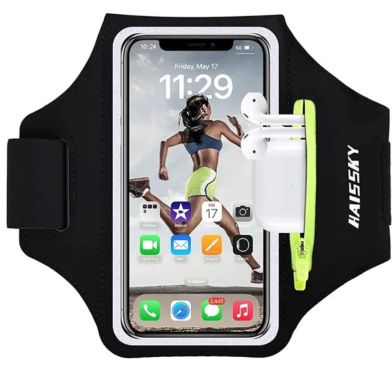 HAISSKY Zipper Pocket Running Sports Armband For iPhone 17 16 15 Pro Max 14 Plus 13 Men Women Outdoor Touch Screen Belt Arm Bags