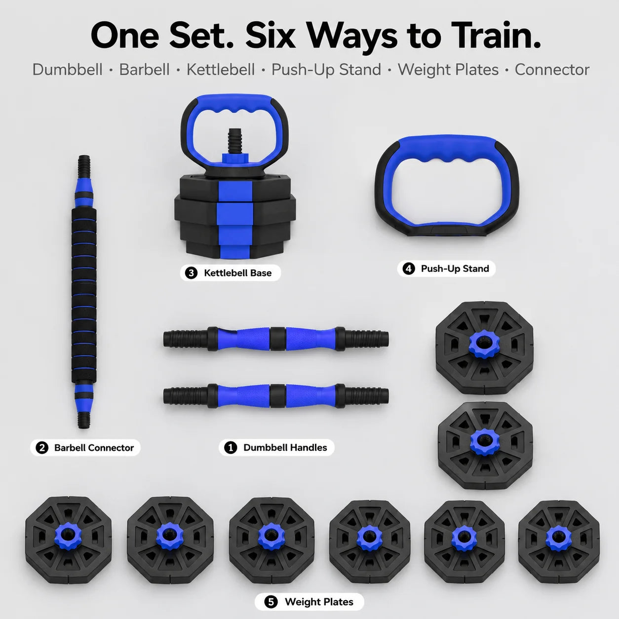 6-in-1 Adjustable Dumbbell Set, Plastic and Sand Filled Kettlebell Barbell Push Up Stand, Home Gym Fitness Equipment for Strength Training, Biceps Squats Lunges, Blue
