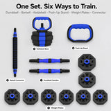 6-in-1 Adjustable Dumbbell Set, Plastic and Sand Filled Kettlebell Barbell Push Up Stand, Home Gym Fitness Equipment for Strength Training, Biceps Squats Lunges, Blue